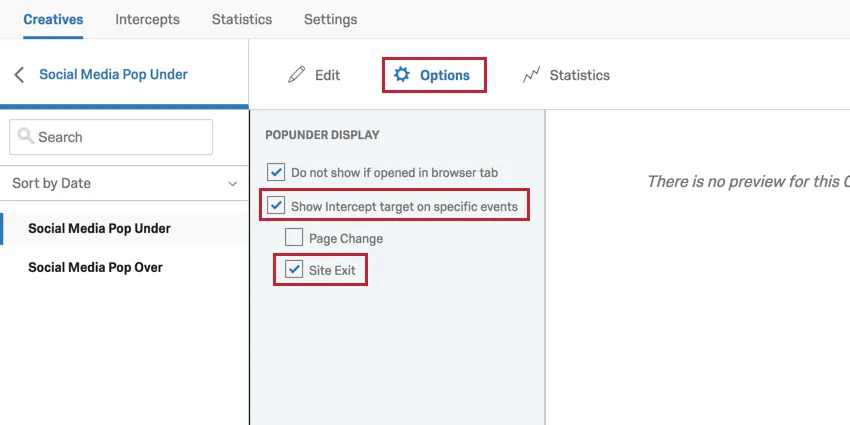 Immagine delle opzioni Site exit e Show Intercetta destinazione