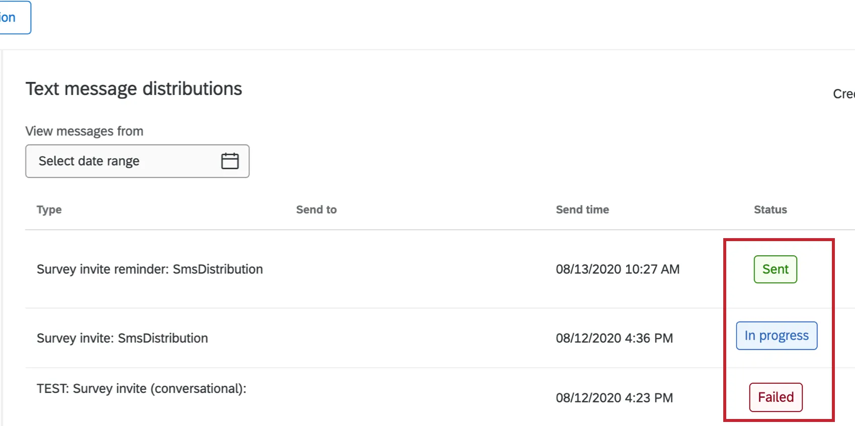 Status Column on SMS Distribution history