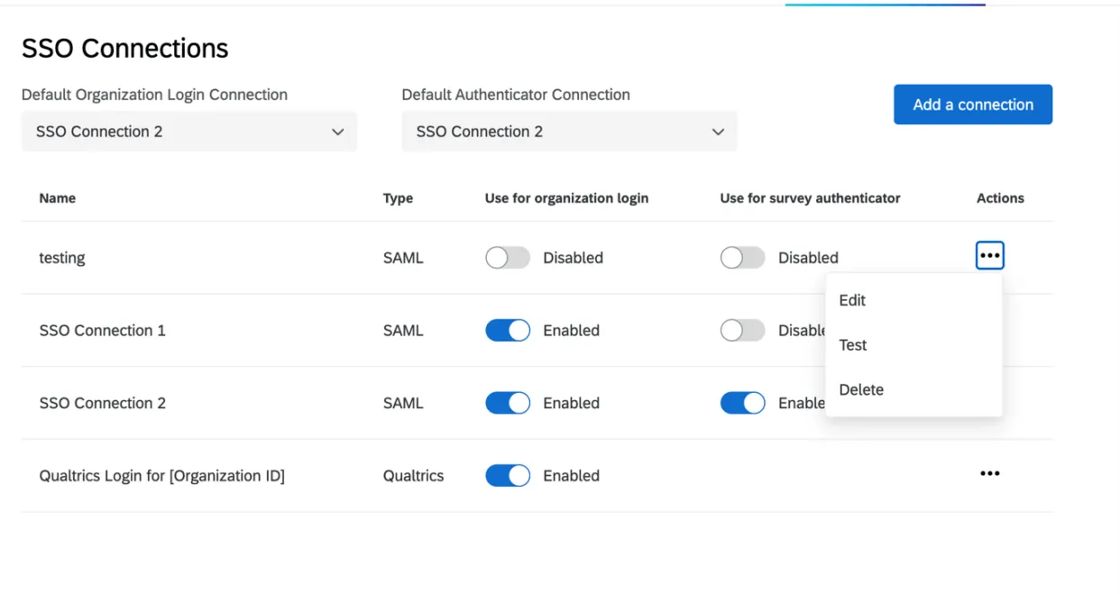 Para cada conexión listada, hay un botón para habilitar o deshabilitar el estado, un nombre, un botón para editar, un botón para probar y un botón para eliminar.