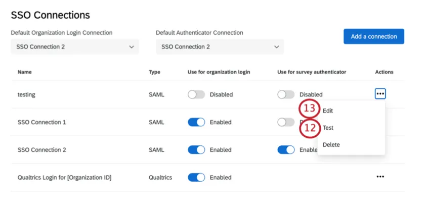Test e modifica delle opzioni nel menu a tendina delle azioni avanti a una connessione SSO