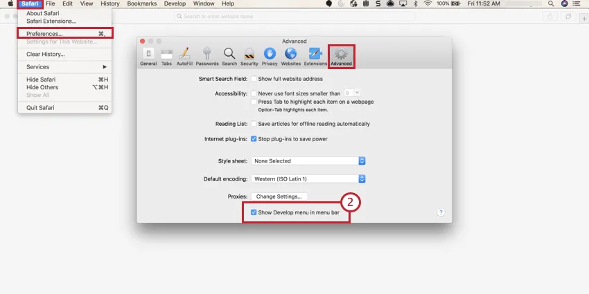 Image of the Show Develop menu in menu bar option in the Preferences menu in Safari