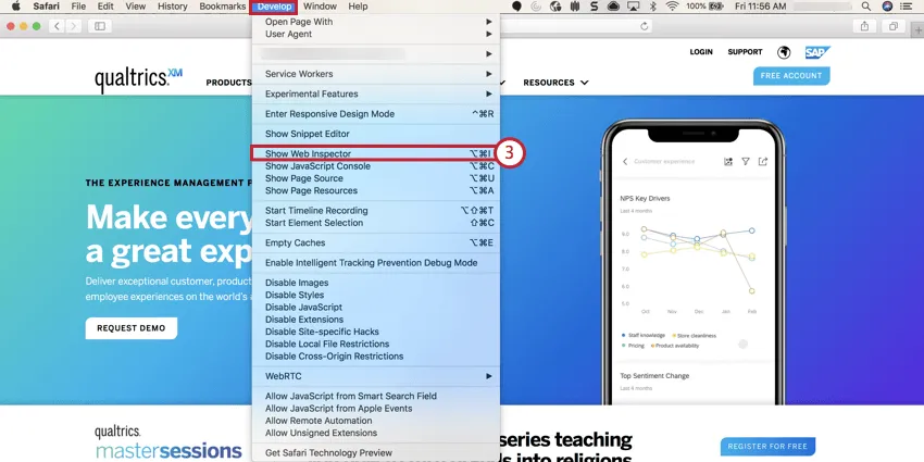 imagen de la opción mostrar inspector web en safari