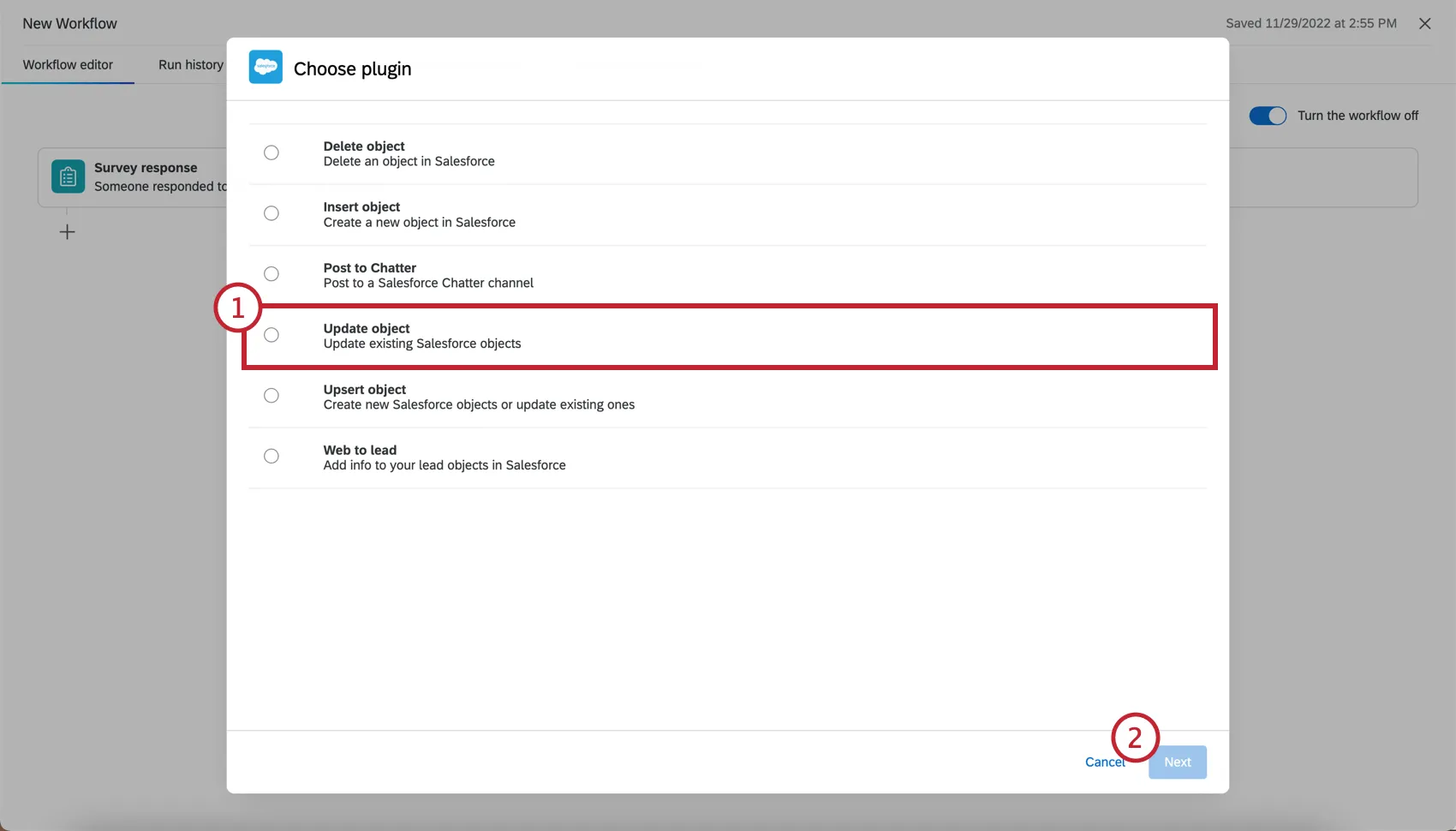 Shows the update object button in a salesforce task
