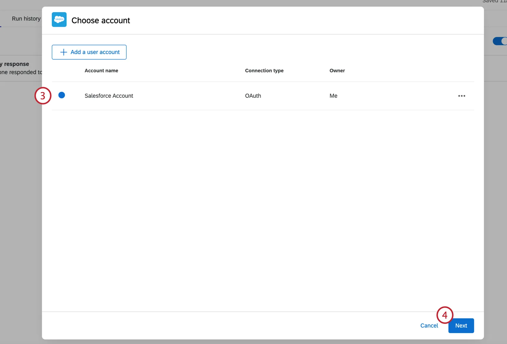 Zeigt die Option „Benutzerkonto auswählen“ aus dem Workflow des Vertriebs an