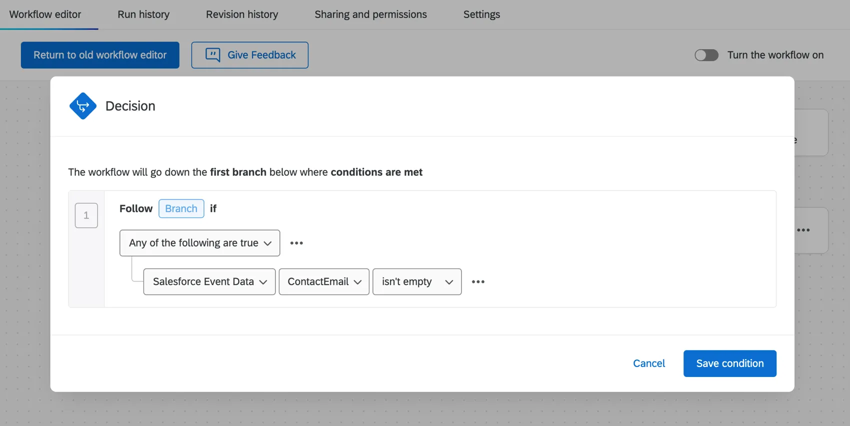 an example condition for the salesforce outbound message event