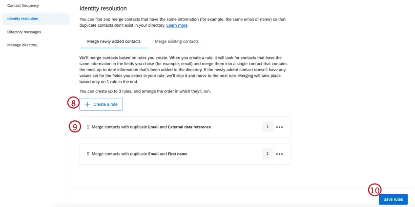 Image of "create a rule" button and multiple rules listed together