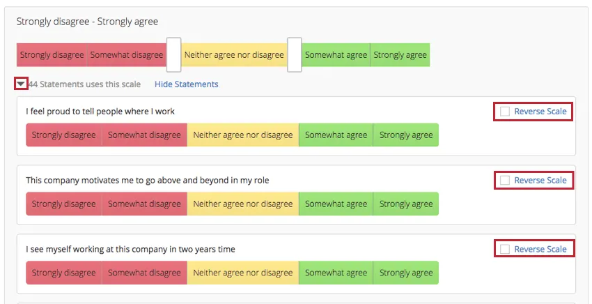 14件のステートメントがこのスケールを使用しており、クリックするとリストが展開されます。各スケールの右側に「スケールを反転する」チェックボックスが表示されます。