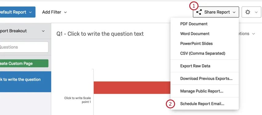 facendo clic su condividi rapporto e poi su e-mail di rapporto pianificato