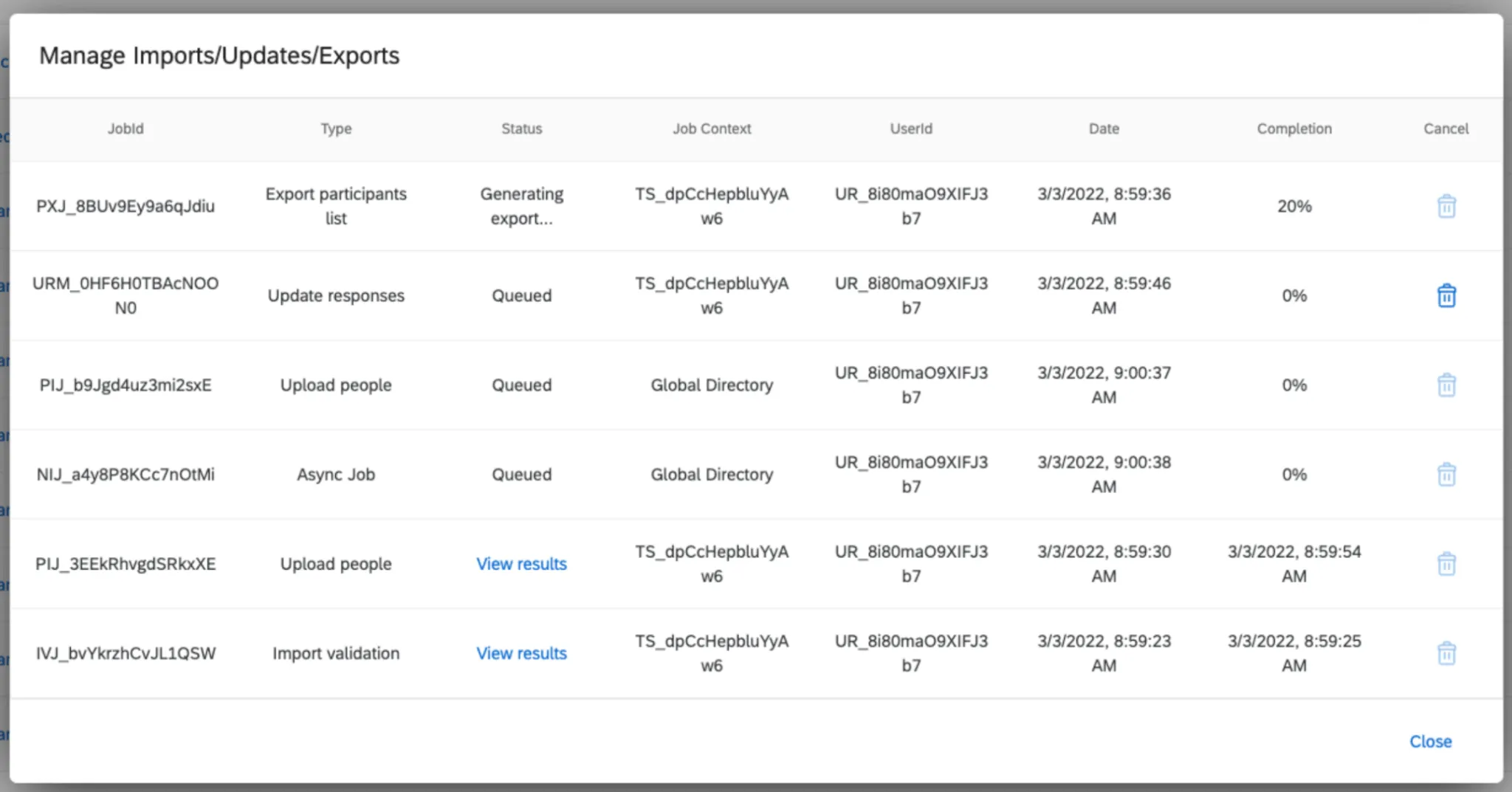 Queuing multiple jobs asynchronously within the Manage Previous Imports/Updates window lists imports and updates