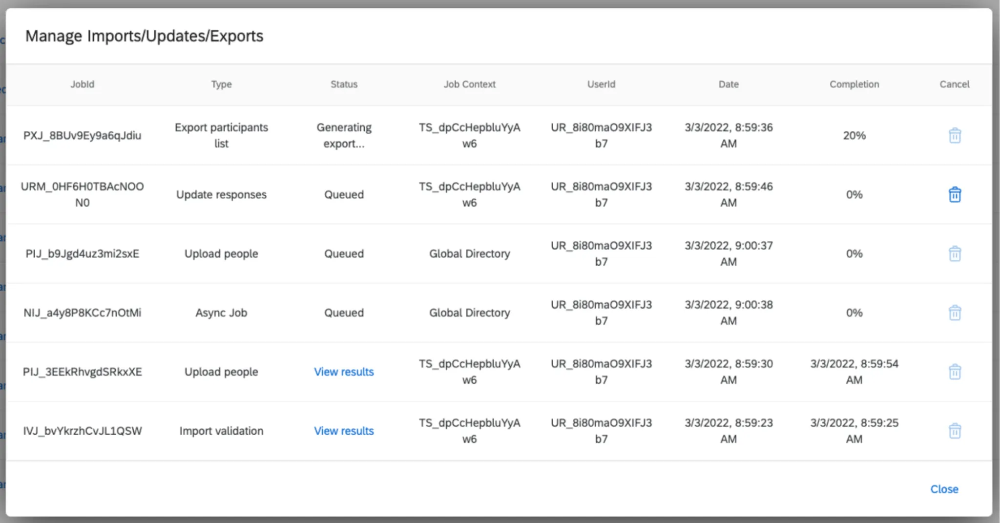 Manage Previous Imports/Updates window lists imports and updates