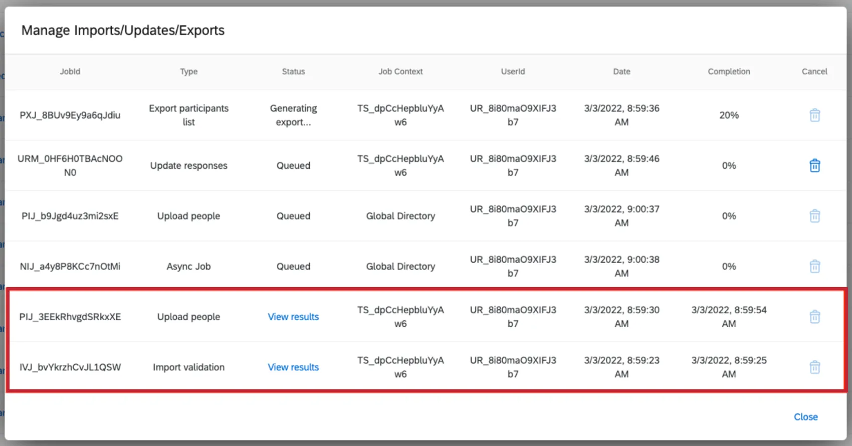 Complete jobs shown at the bottom of the Manage Imports/Updates/Exports modal