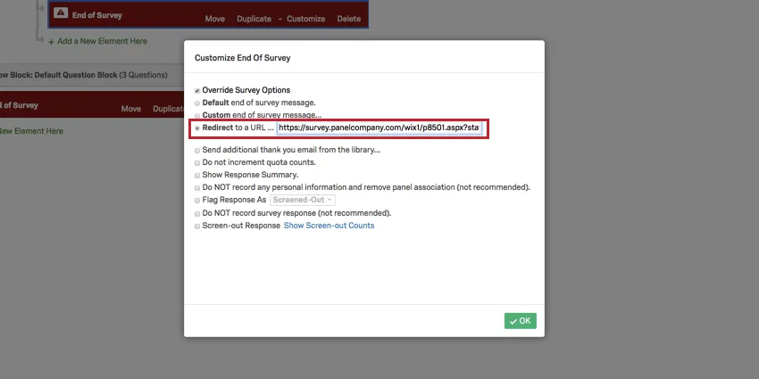 image of the screen out link in the redirect to url field