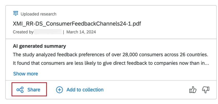 Drucktaste Teilen unten links in einem Suchergebnis