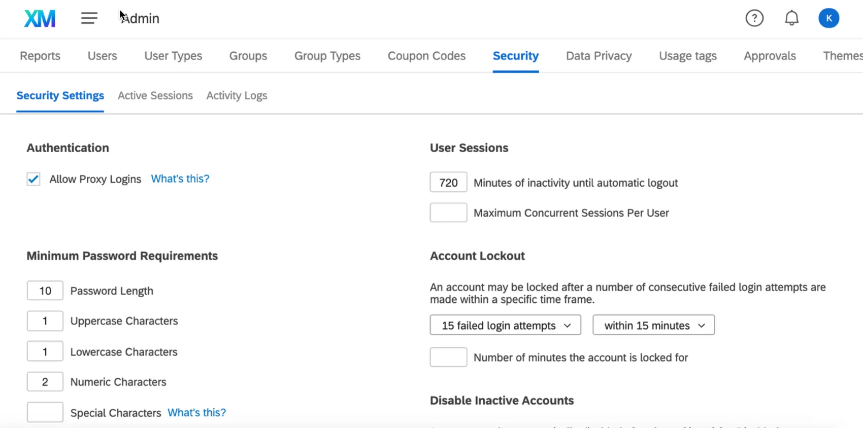 Options in the security tab