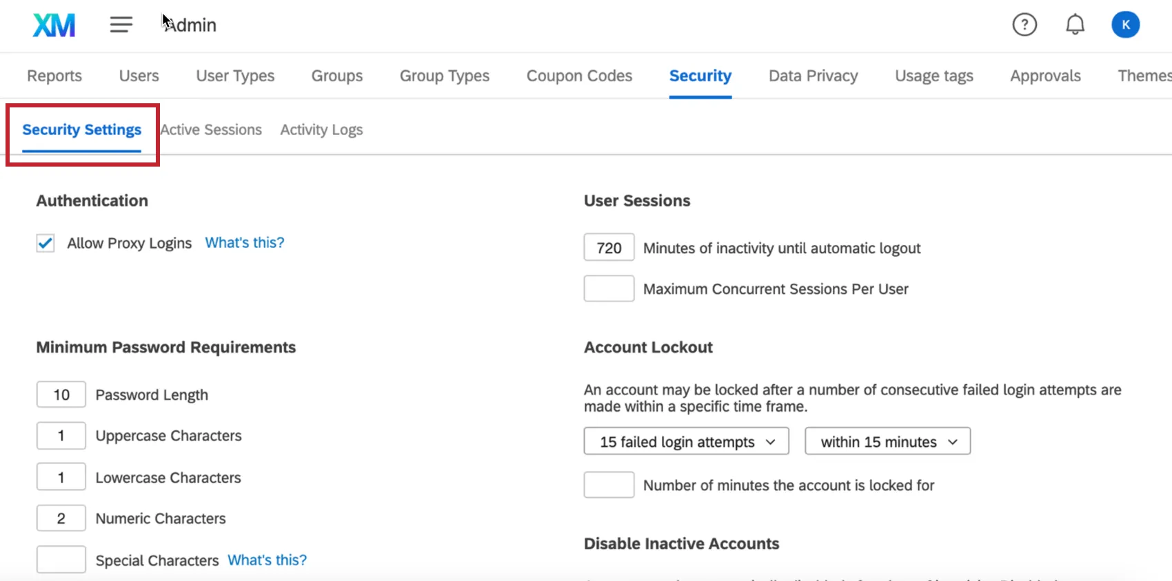 Botão Security Settings (Configurações de segurança) no canto superior esquerdo da guia Security (Segurança)