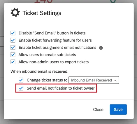 imagen de la opción de enviar notificación por correo electrónico al propietario del ticket