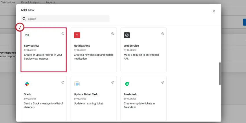 selecionando ServiceNow na janela de seleção de tarefa