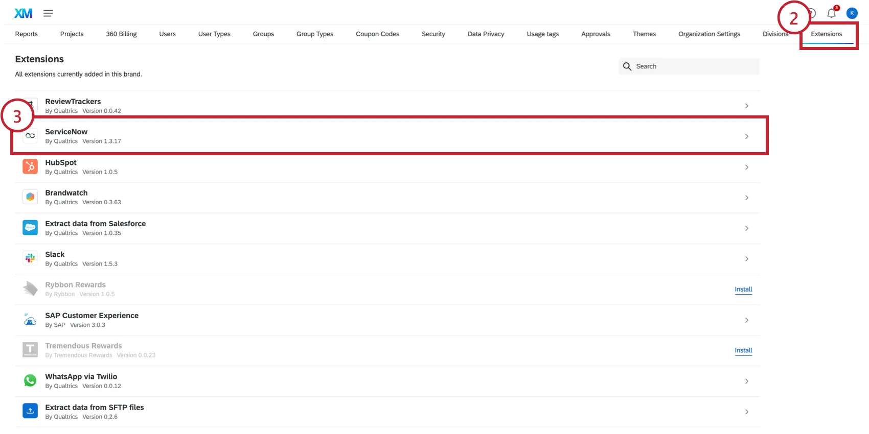 Mostra a extensão Servicenow na guia Admin