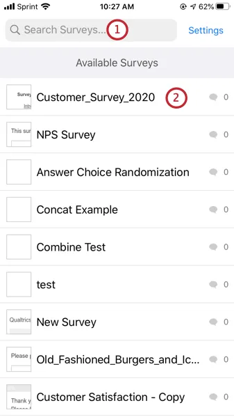 selecting a survey to download from the list of available surveys