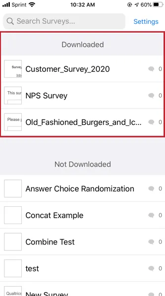 downloaded surveys appear at the top of the survey list