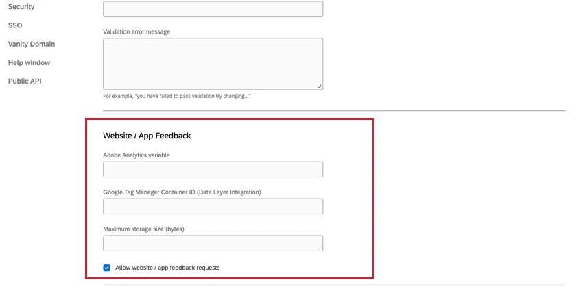 Website App Feedback options in the Projects tab