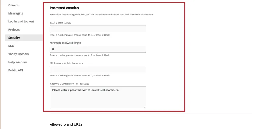 Password creation section in the Security tab with possible specifications