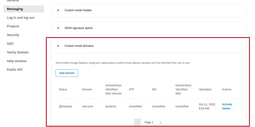 Custom email domains section in the Email tab