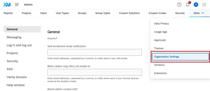 Organization Settings page