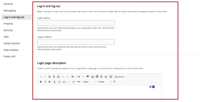 Log in and Log out sections with options highlighted