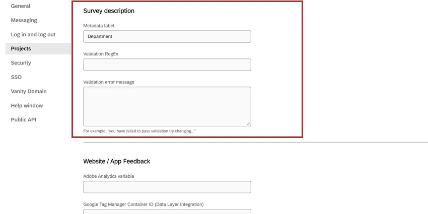 Survey Description with additional options Metadata label, Validation RegEx, and Validation Error Message