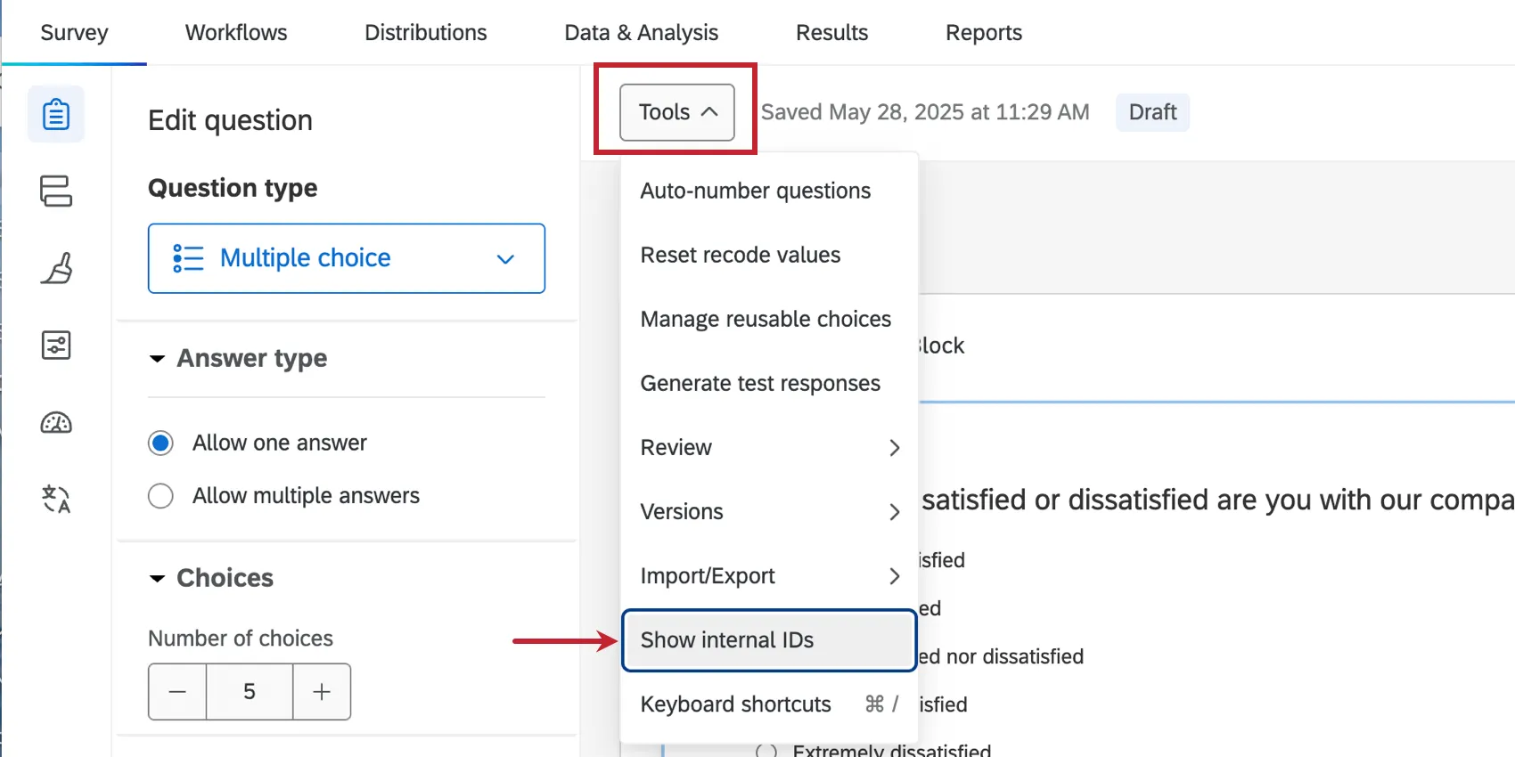 Show Internal IDs option in the tools dropdown