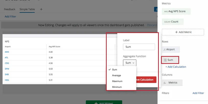 Opzioni di riga e colonna nel riquadro di modifica di destra