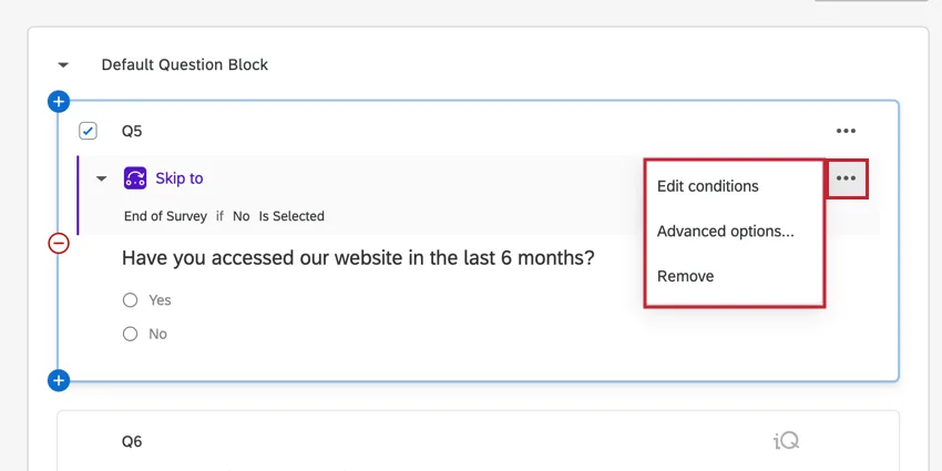 El menú desplegable de opciones de lógica de salto se encuentra haciendo clic en los tres puntos a la derecha de una lógica de salto.