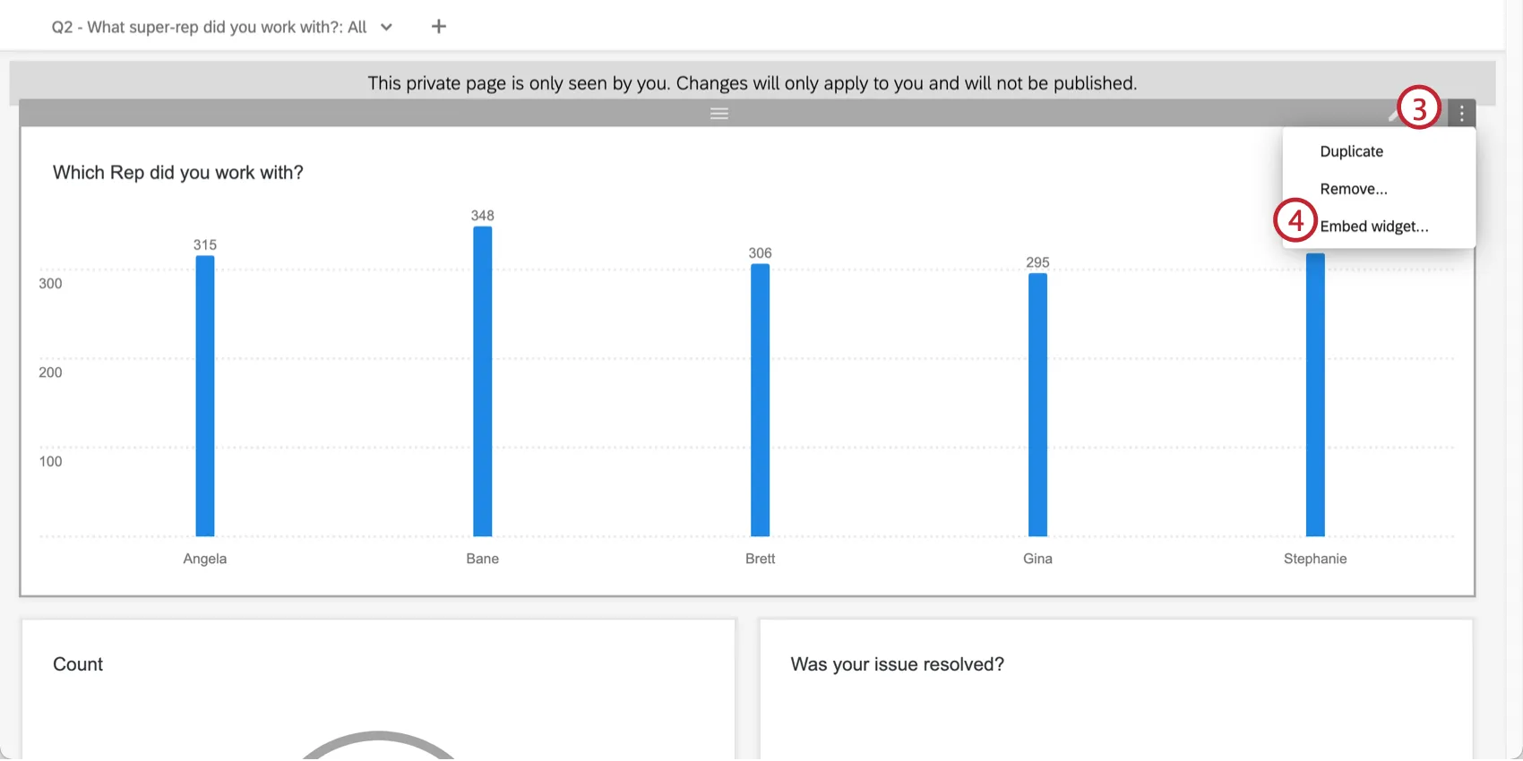 Shows clicking on 3 dots in upper right hand corner of the widget and selecting "Embed widget"