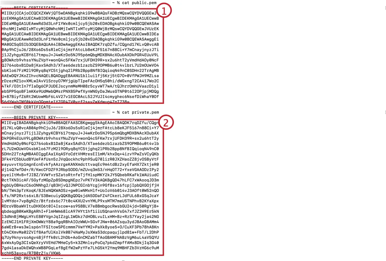 Shows the generated certificate keys to be copied in Step 1.