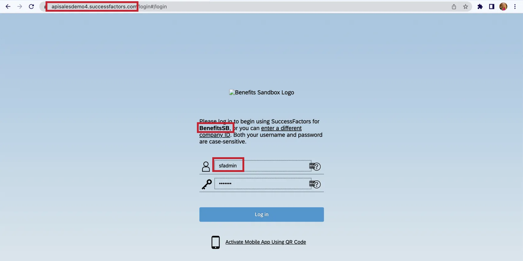 Tela de login do Successfactors com os principais IDs destacados.