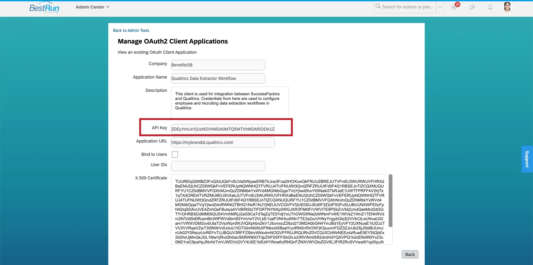 Destaca la clave API creada desde SuccessFactors. Esto necesitará ser copiado.