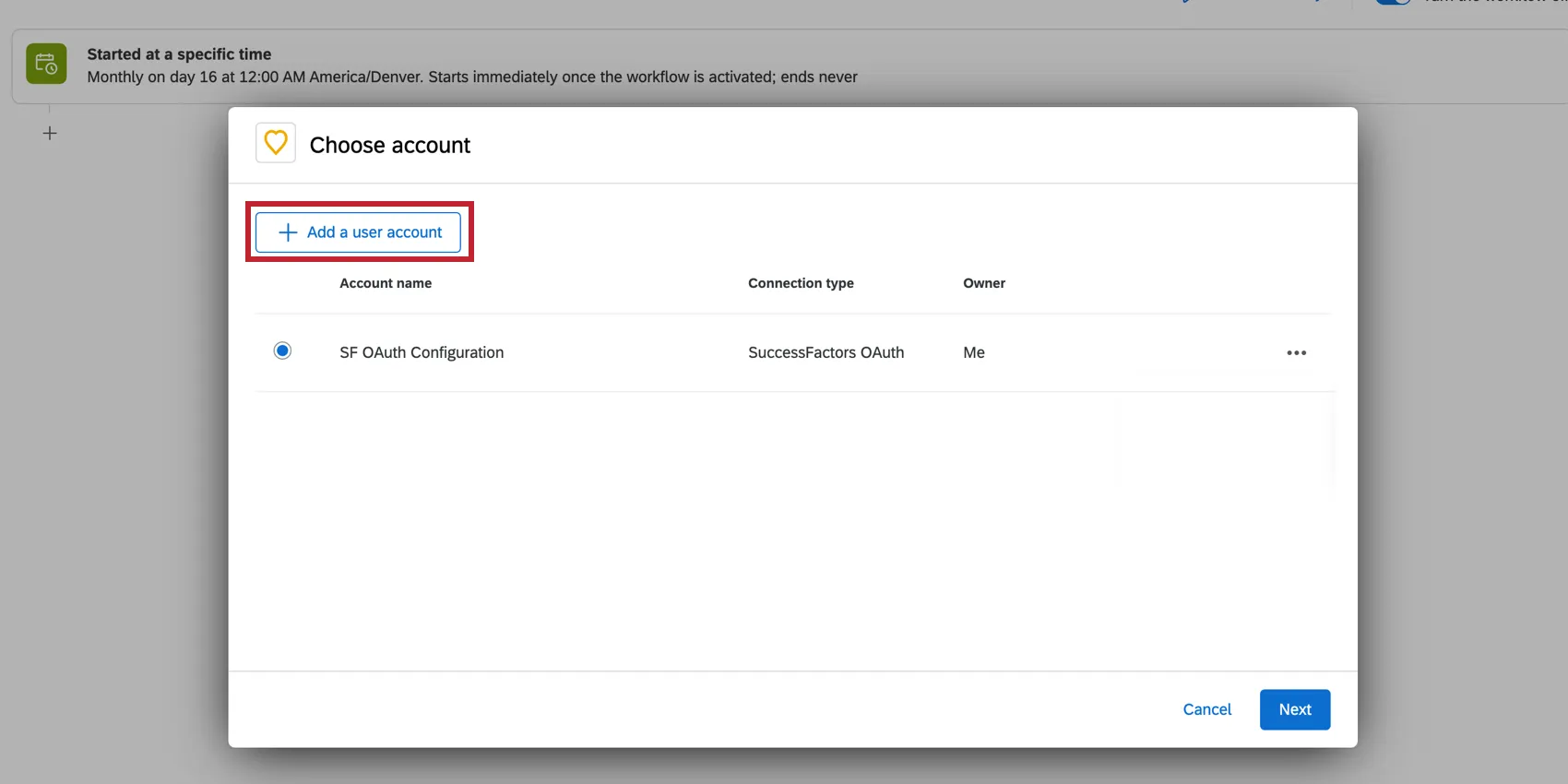 Shows how to add a new account to the worflows task pane.