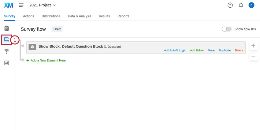 se muestra la navegación al flujo de la encuesta al hacer clic en el ícono del flujo de la encuesta en la barra de navegación izquierda
