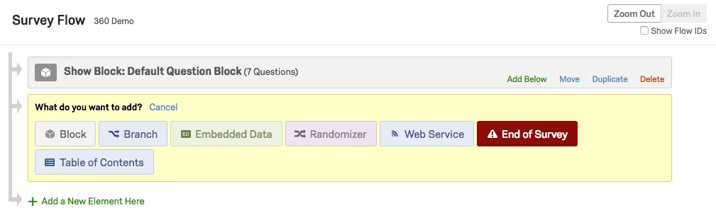 Available elements in the Survey Flow