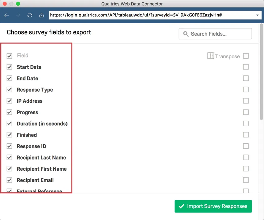 Check boxes for fields to pull through