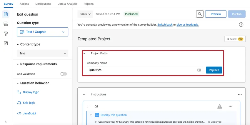 the project fields block in the survey editor for a template