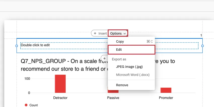 une zone de texte dans un rapport. le menu des options est développé pour cliquer sur modifier dans le menu