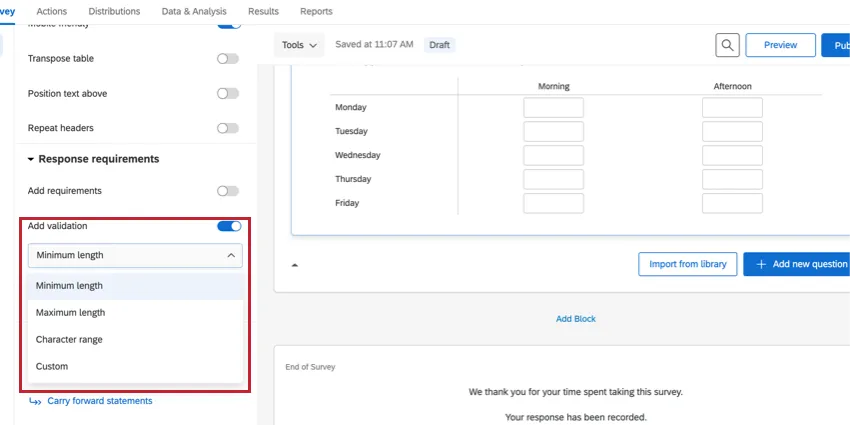 the add validation dropdown for limiting the length of the text entry