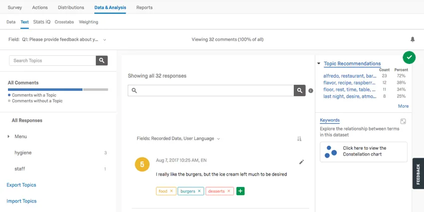 image of the text tab of the data section