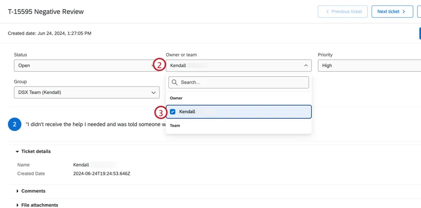 Owner dropdown menu with a user selected