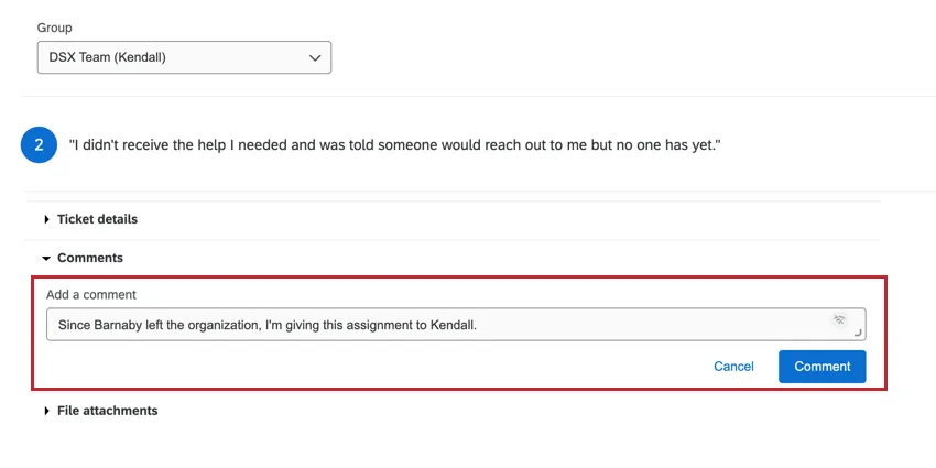 Text box to submit comments in Activity section of ticket