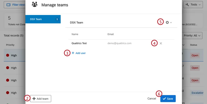 Elements in the manage teams area