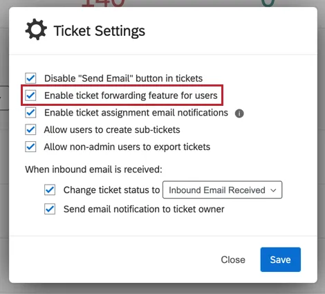 image of the "enable ticket forwarding feature for users" option