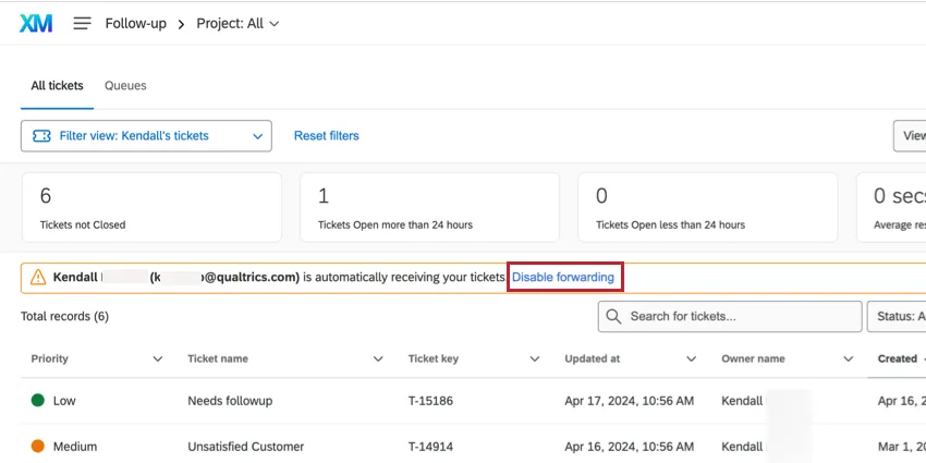Banner at the top of follow up page with blue disable forwarding button in it